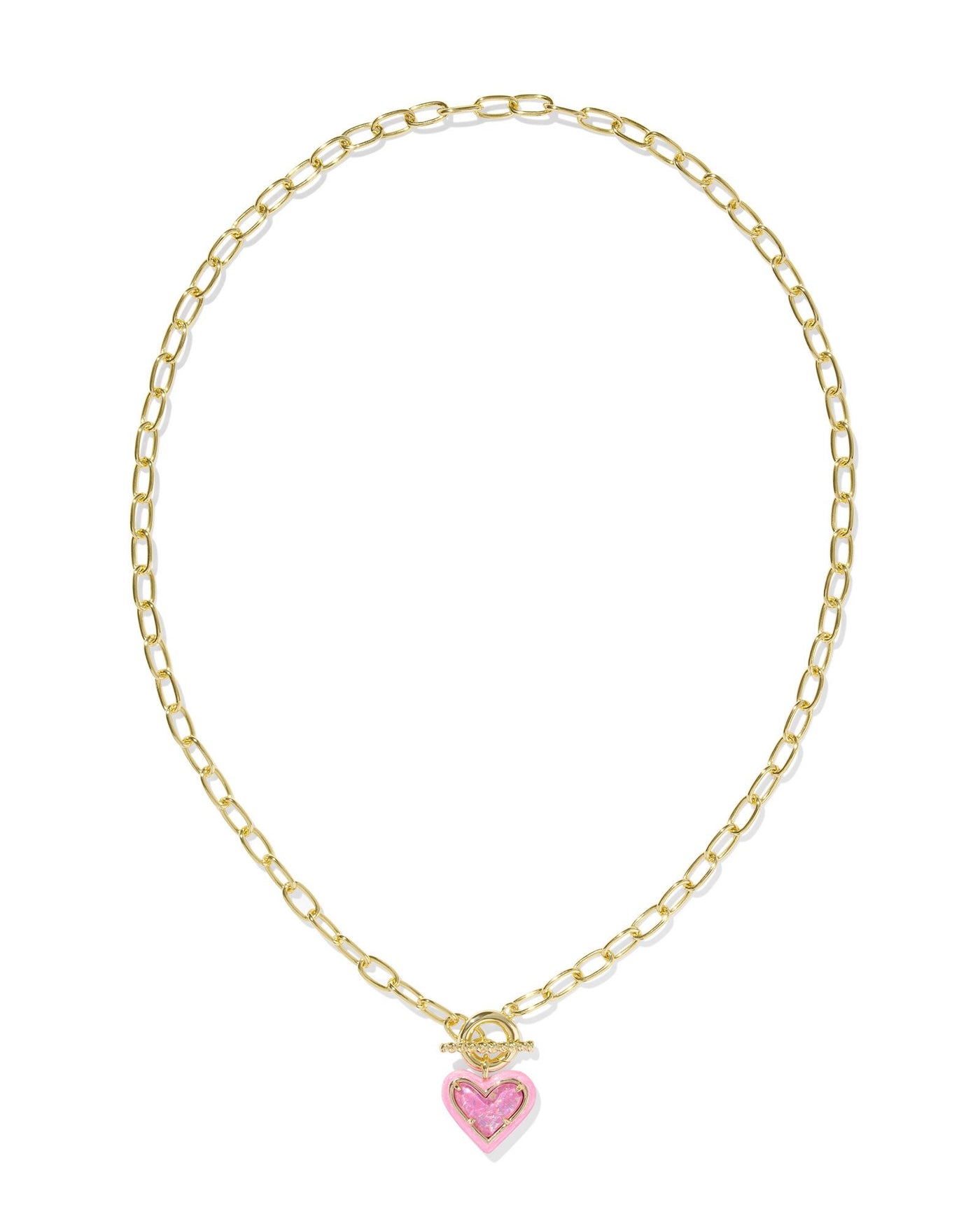 Gold link chain necklace with pink enamel framed pink iridescent glitter glass heart pendant, full view.