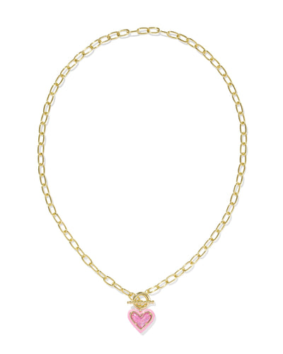 Gold link chain necklace with pink enamel framed pink iridescent glitter glass heart pendant, full view.