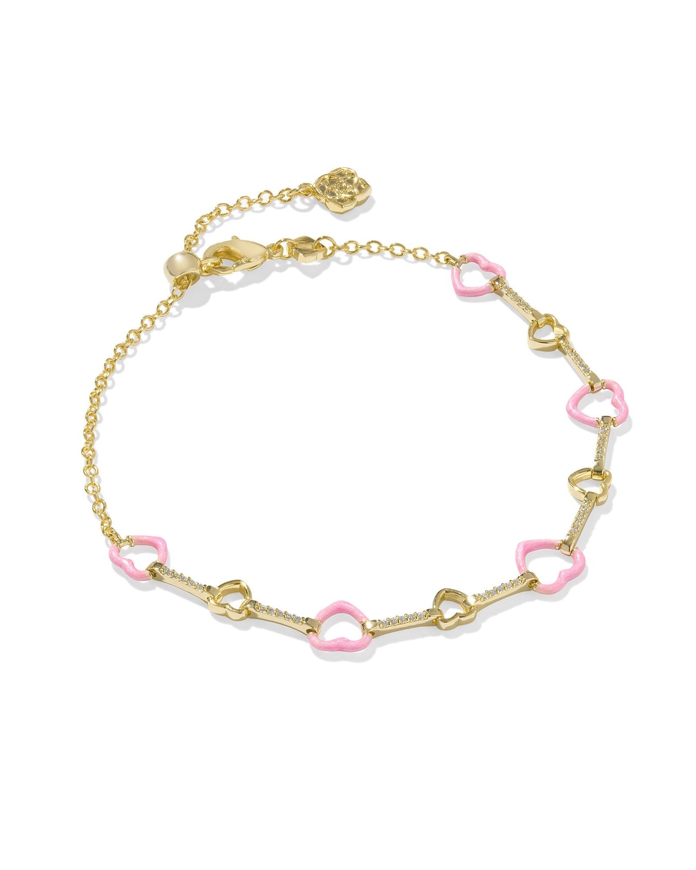 Delicate gold chain bracelet with pink enamel hearts, front view.