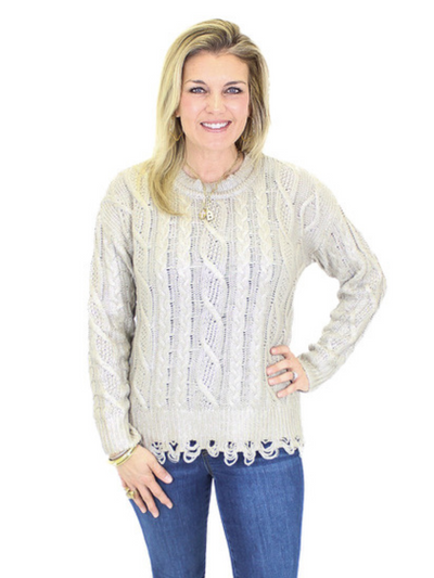 Charlie B Foiled Cable Knit Sweater - Gold front view.
