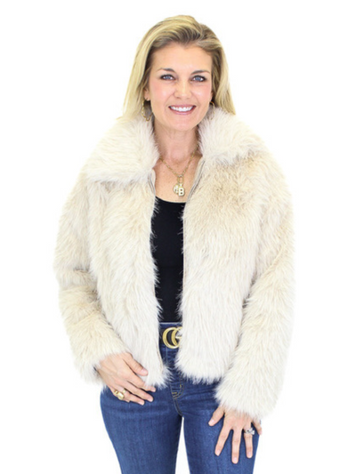 Esqualo Faux Fur Short Jacket - Sand up close front view.