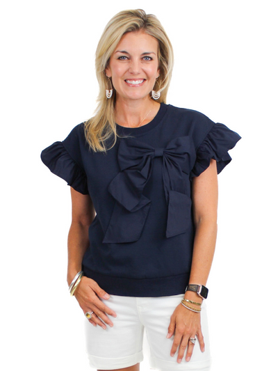 Ruffle Sleeve Bow Top - Navy front view.