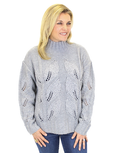 Pearl Embellished Melange Sweater - Grey front view.