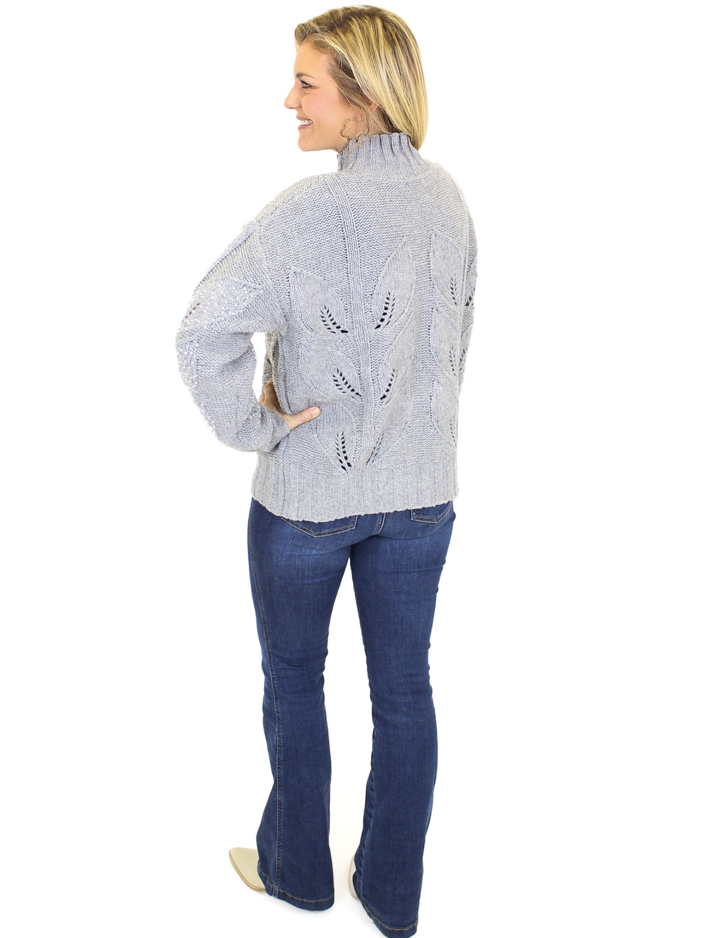 Pearl Embellished Melange Sweater - Grey back view.