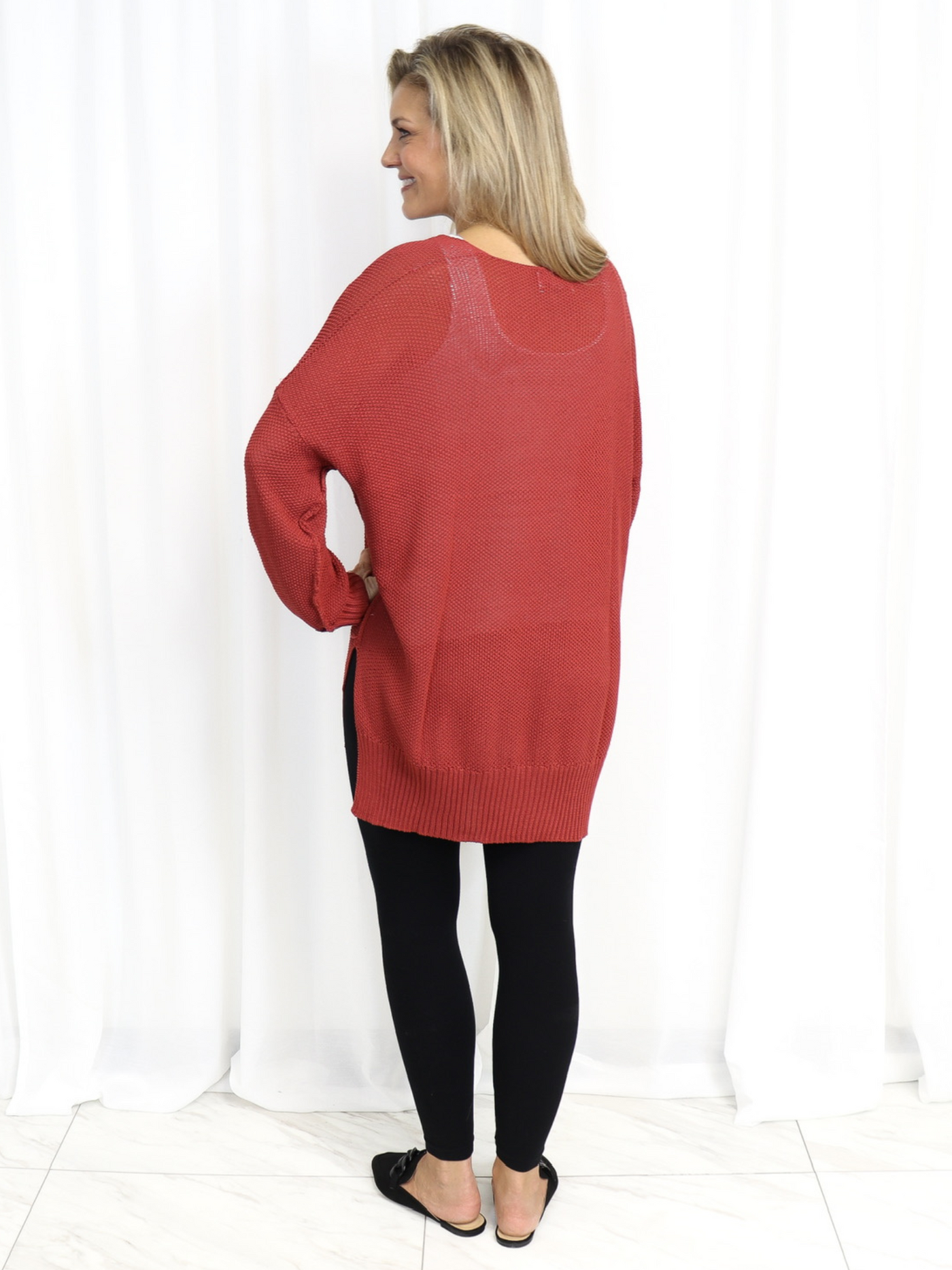 Red Charlie Paige Knit Sweater back view.