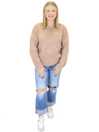 Risen Mid-Rise Straight Cuffed Jeans front view with a Molly Bracken sweater.