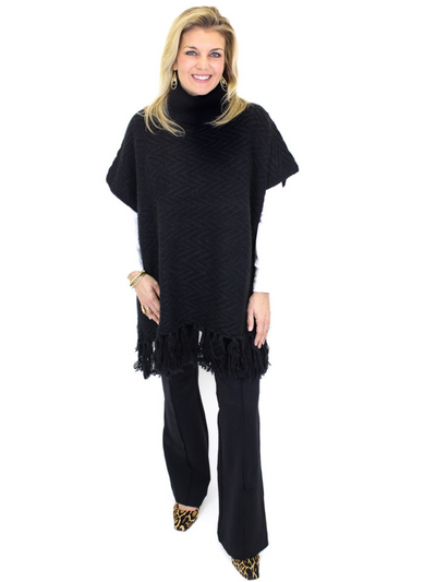 Molly Bracken Chevron Knit Fringe Poncho - Black front view.