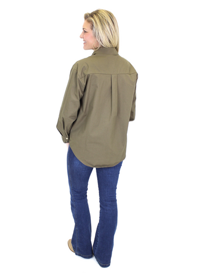 Molly Bracken Structured Button Down - Olive back view.