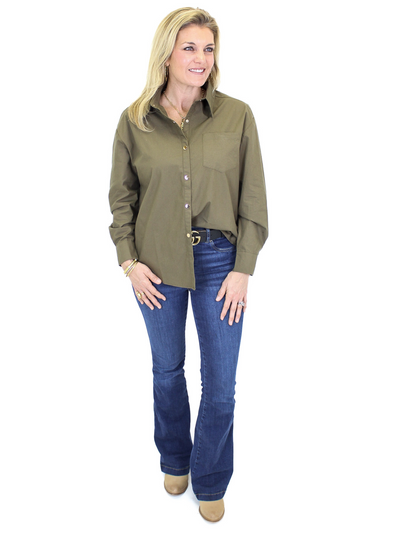 Molly Bracken Structured Button Down - Olive front view with Spanx