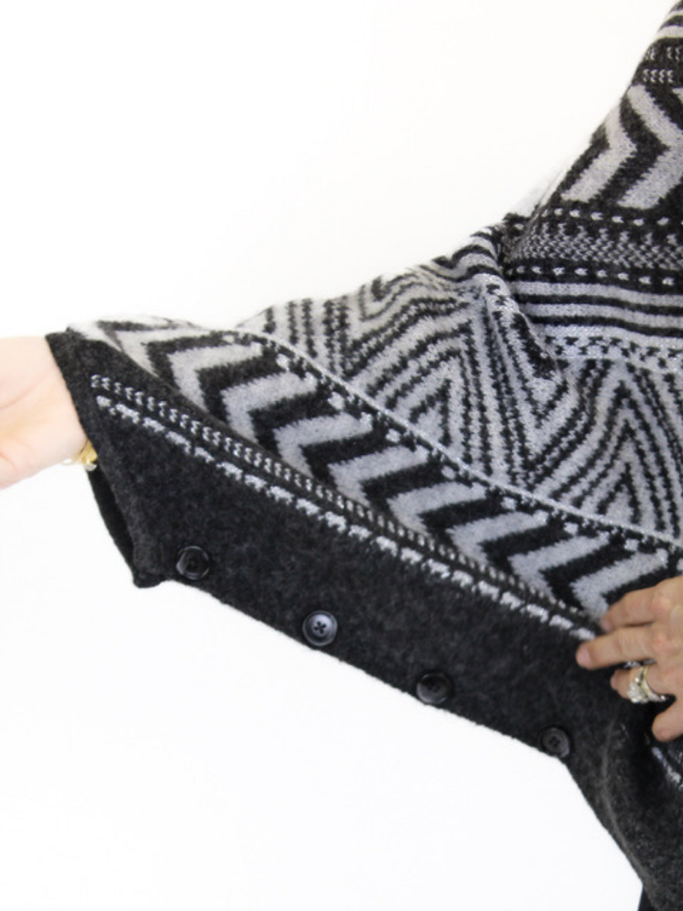 Charlie B Geometric Jacquard Poncho button view.