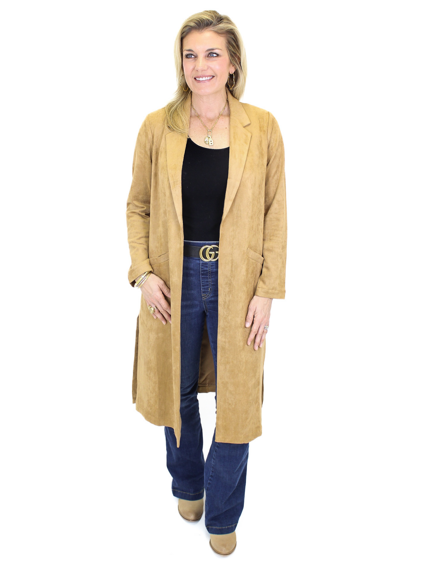 Faux Suede Duster - Camel with Spanx Jeans