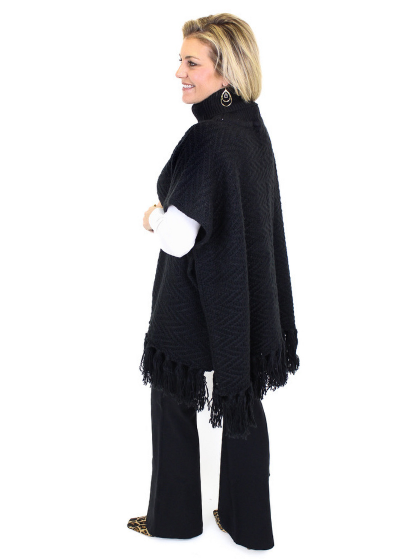 Molly Bracken Chevron Knit Fringe Poncho - Black back view.