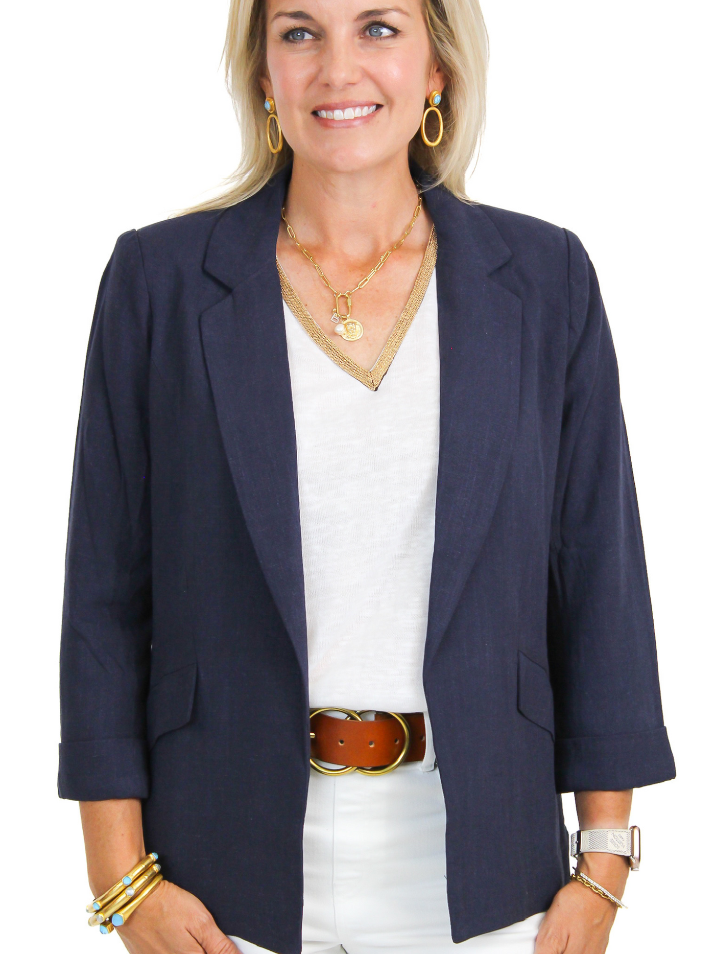 Molly Bracken Gold Beaded V-Neck Top pictured with blazer