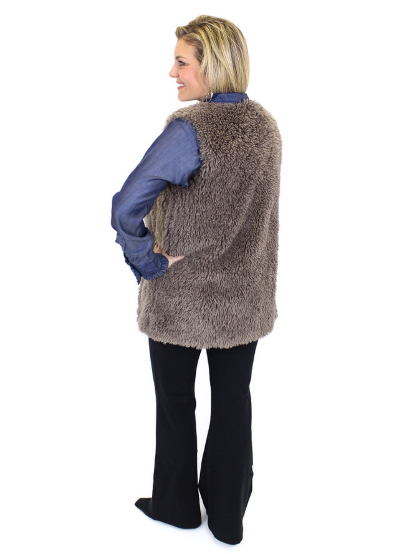 Charlie B Long Faux Fur Vest - Taupe back view.