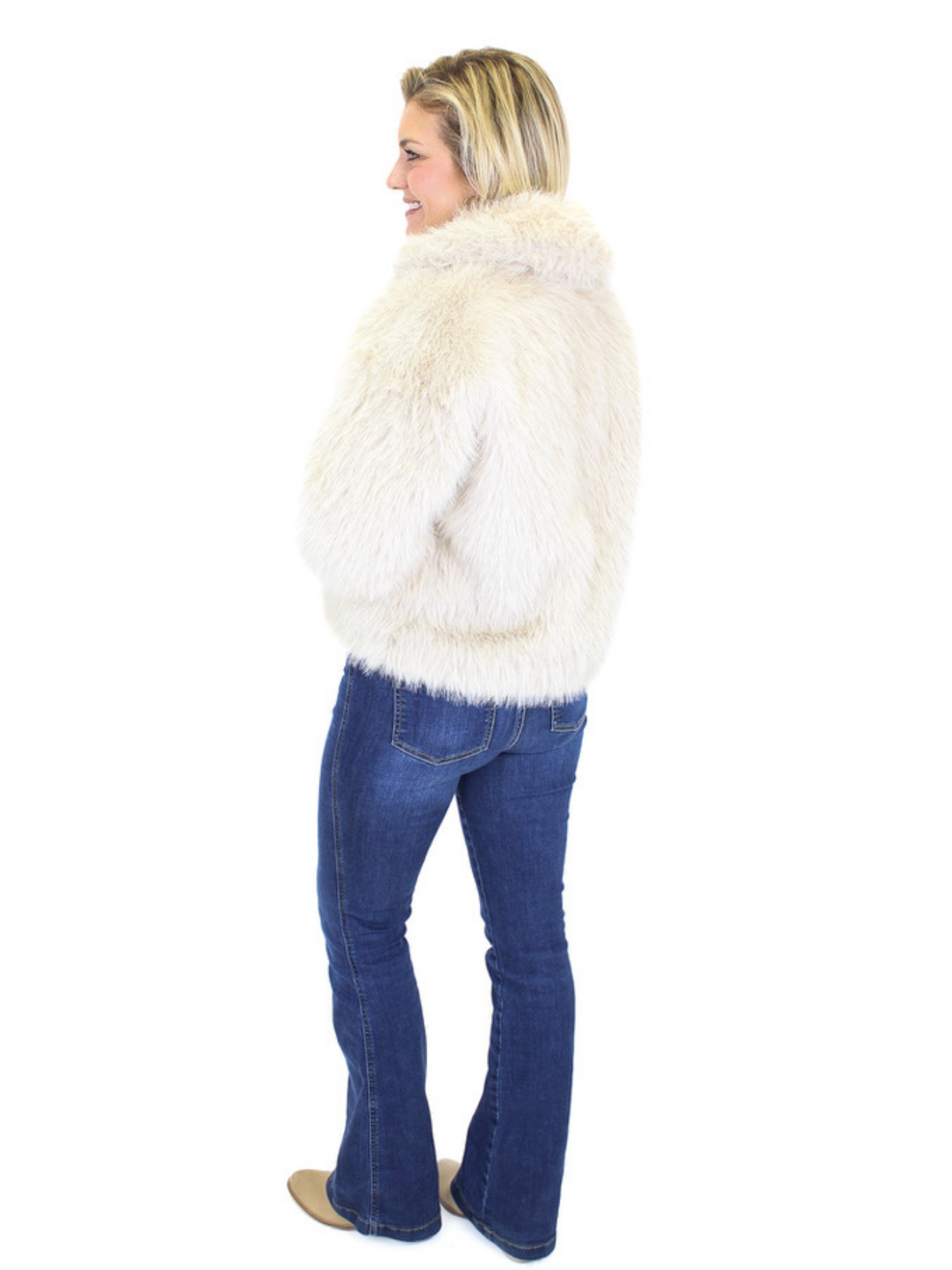 Esqualo Faux Fur Short Jacket - Sand back view.