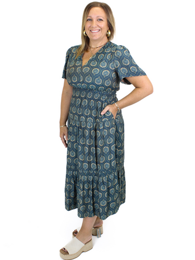 THML Ornate Print Tiered Maxi Dress - Green front view.