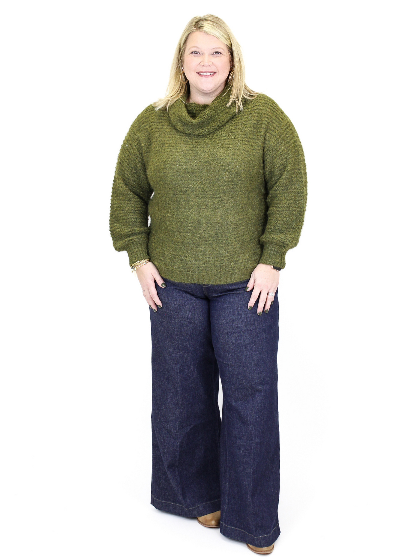 Molly Bracken Ribbed Turtleneck Sweater - Green with Spanx wide leg jeans.