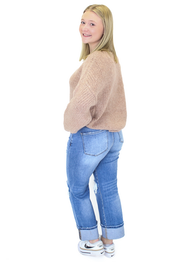 Risen Mid-Rise Straight Cuffed Jeans back view.