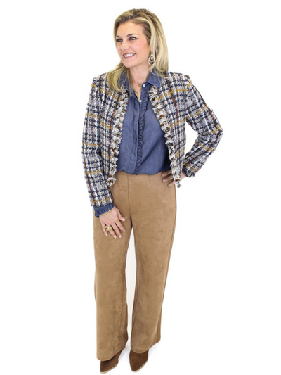 Charlie B Wide Leg Pull-On Pants - Truffle with a THML tweed jacket.