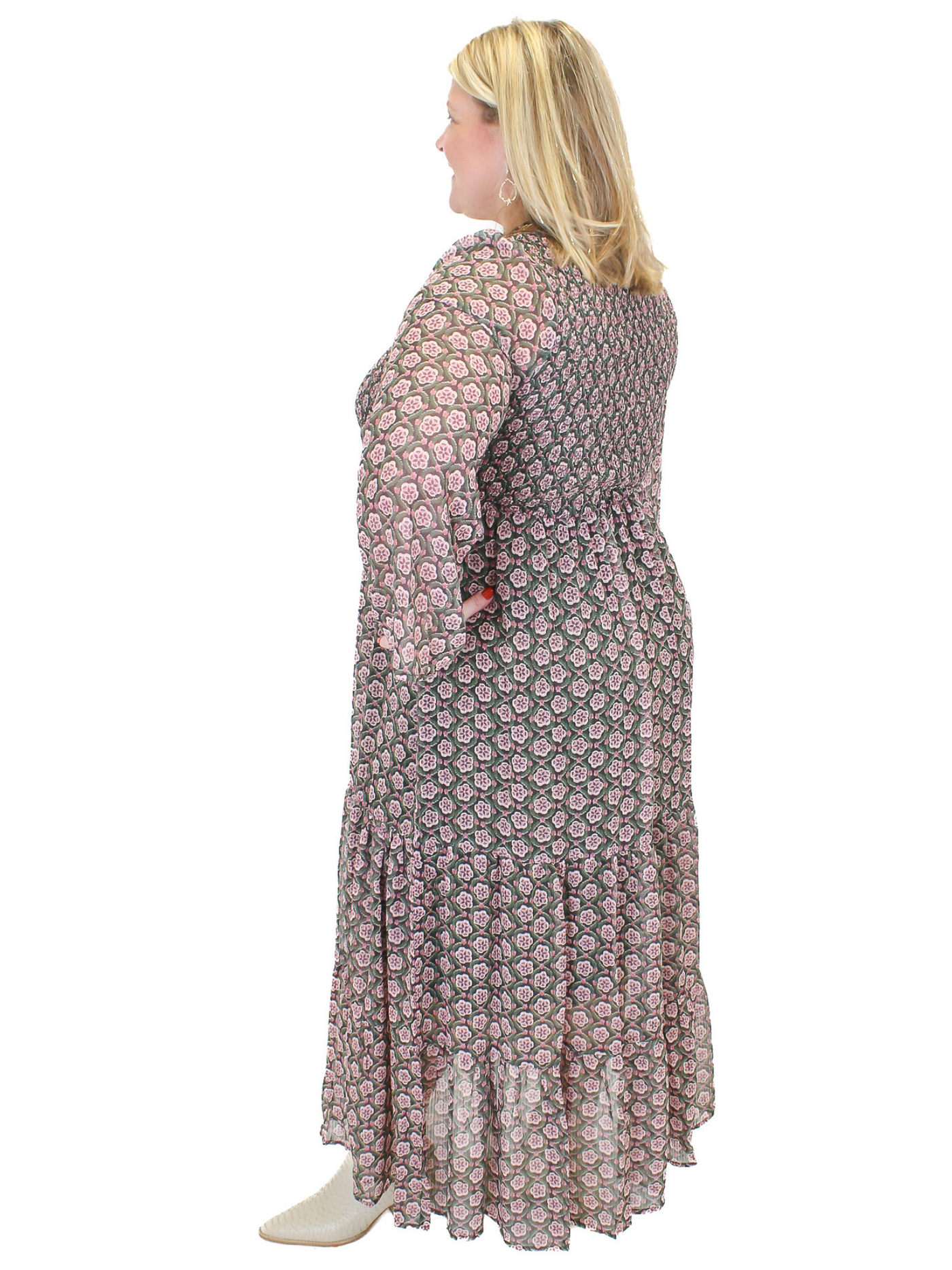 Molly Bracken Lizzie Smocked Maxi Dress back view.