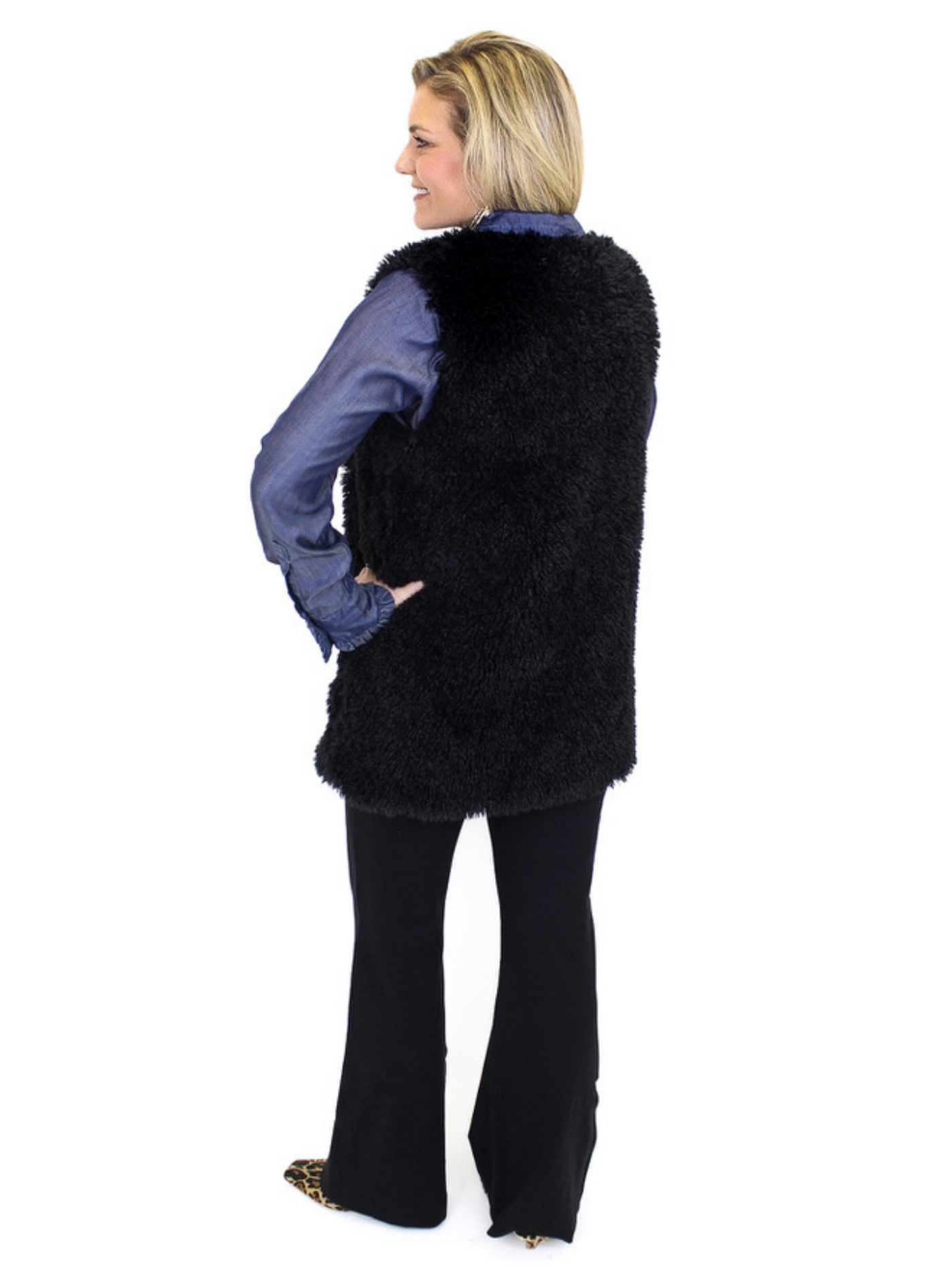 Charlie B Long Faux Fur Vest - Black back view.