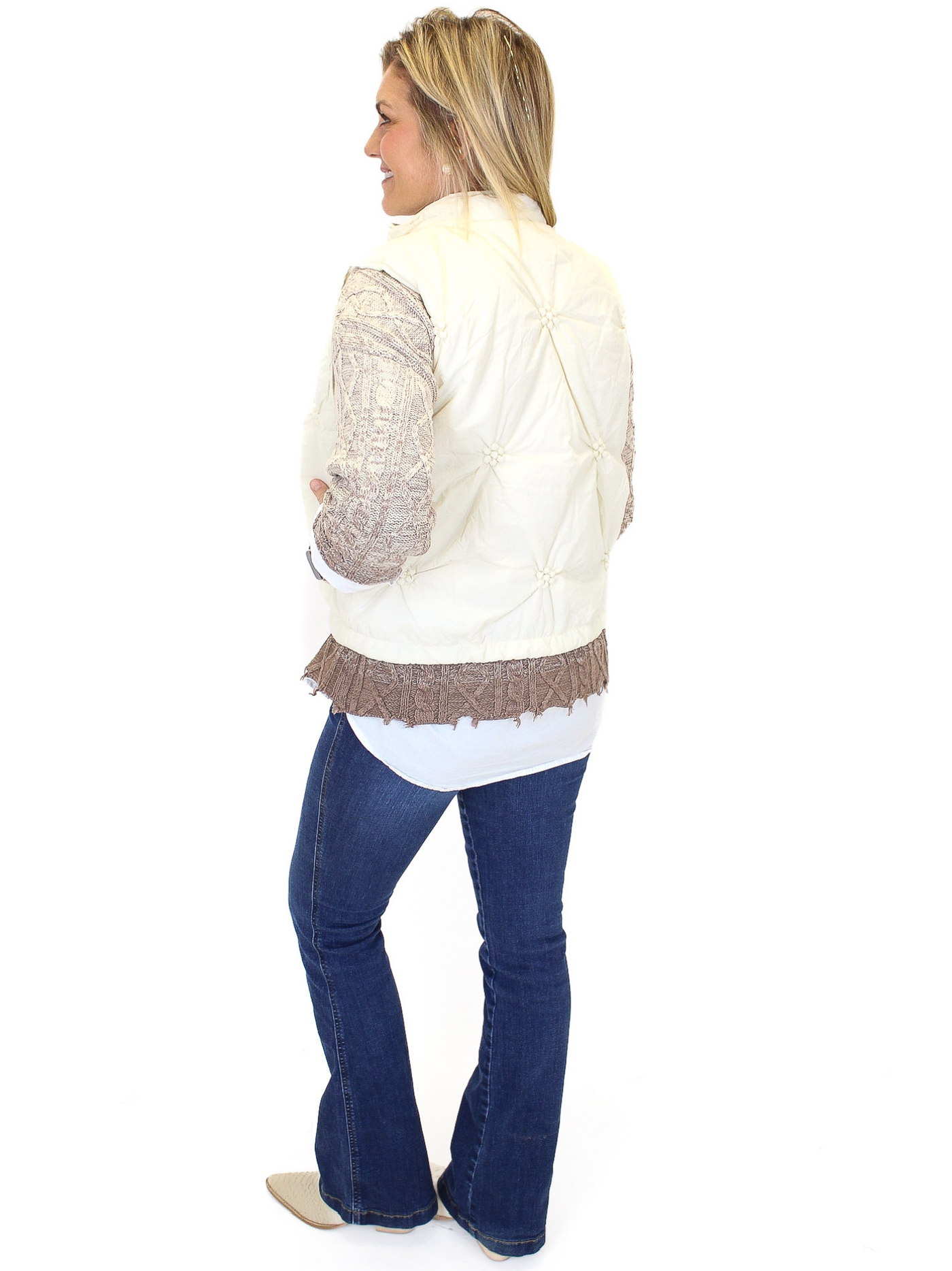 3D Flower Puffer Vest - Cream back view.