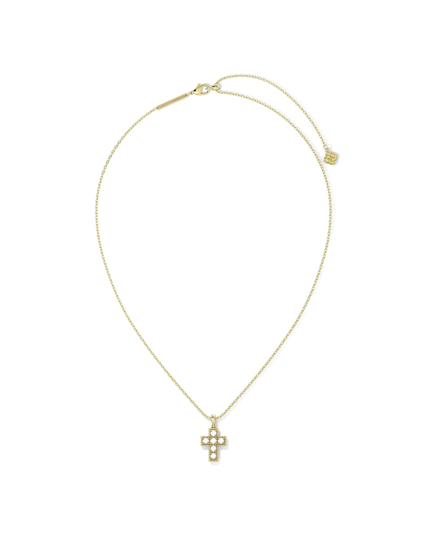 Gold Necklace with gold pearl cross pendant, front view.