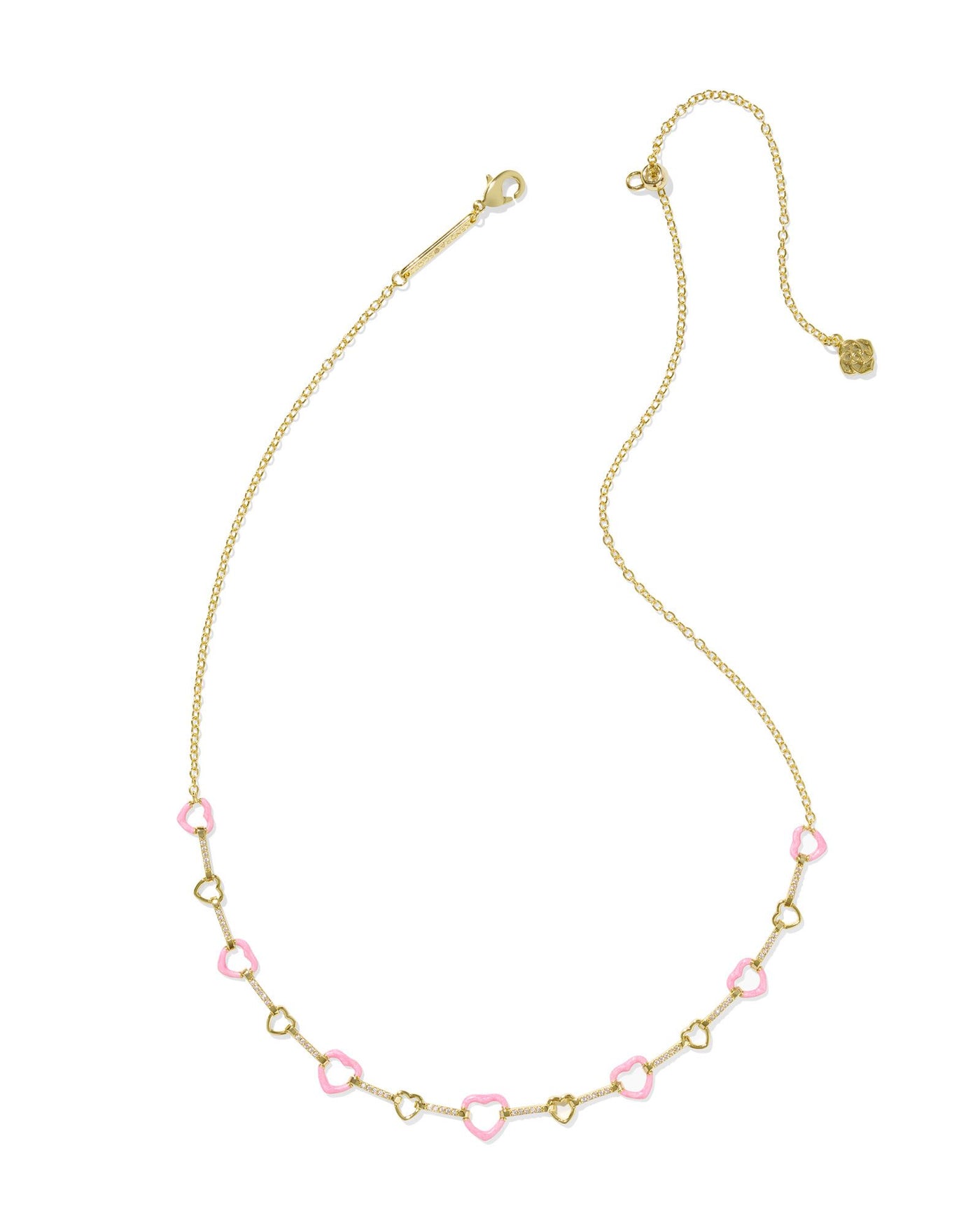 Delicate gold necklace with pink and gold open heart motifs, full view.