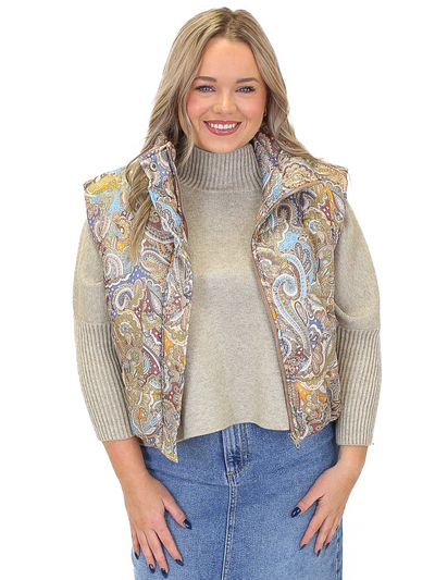 Boho Mixed Print Puffer Vest - Multi up close front view.