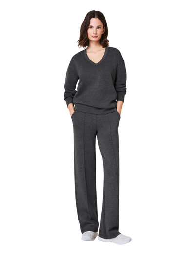 Spanx Air Essentials Brushed V-Neck Tunic - Dark Grey full front view with straight leg pants.