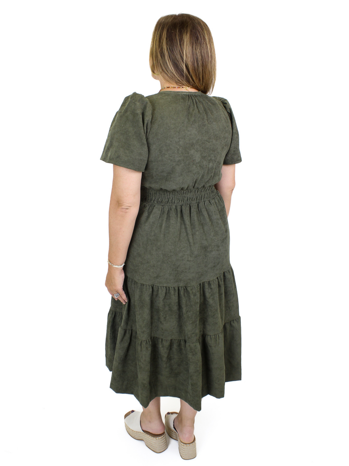 THML Corduroy Tiered Dress - Sage Green back view. 