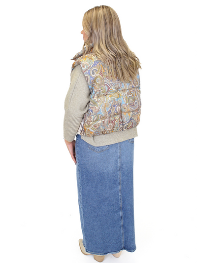 Boho Mixed Print Puffer Vest - Multi back view.