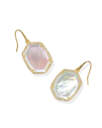 Gold earrings with pave framed iridescent ivory mother of pearl hexagon pendant, front view.