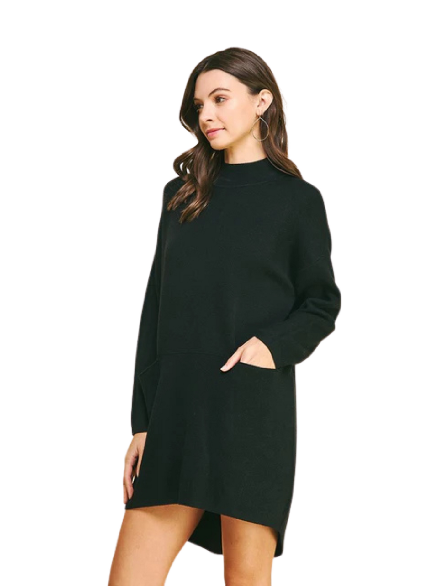 Black mock neck sweater dress on model, front view.