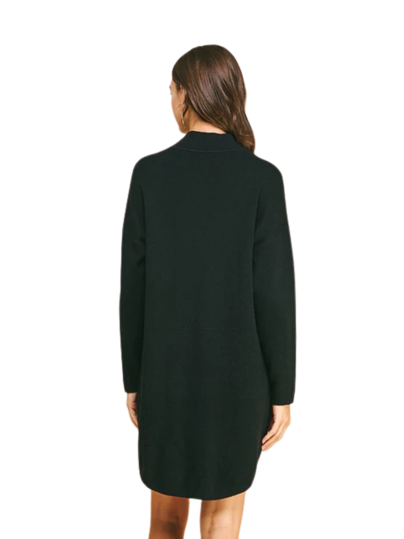 Black mock neck sweater dress on model, back view.