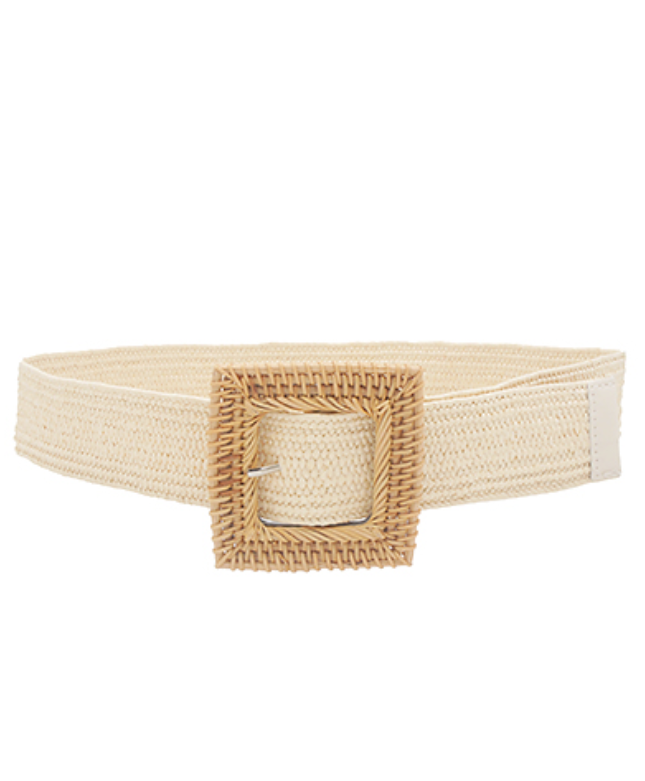 Square Rattan Buckle Straw Belt in ivory on white background front view.