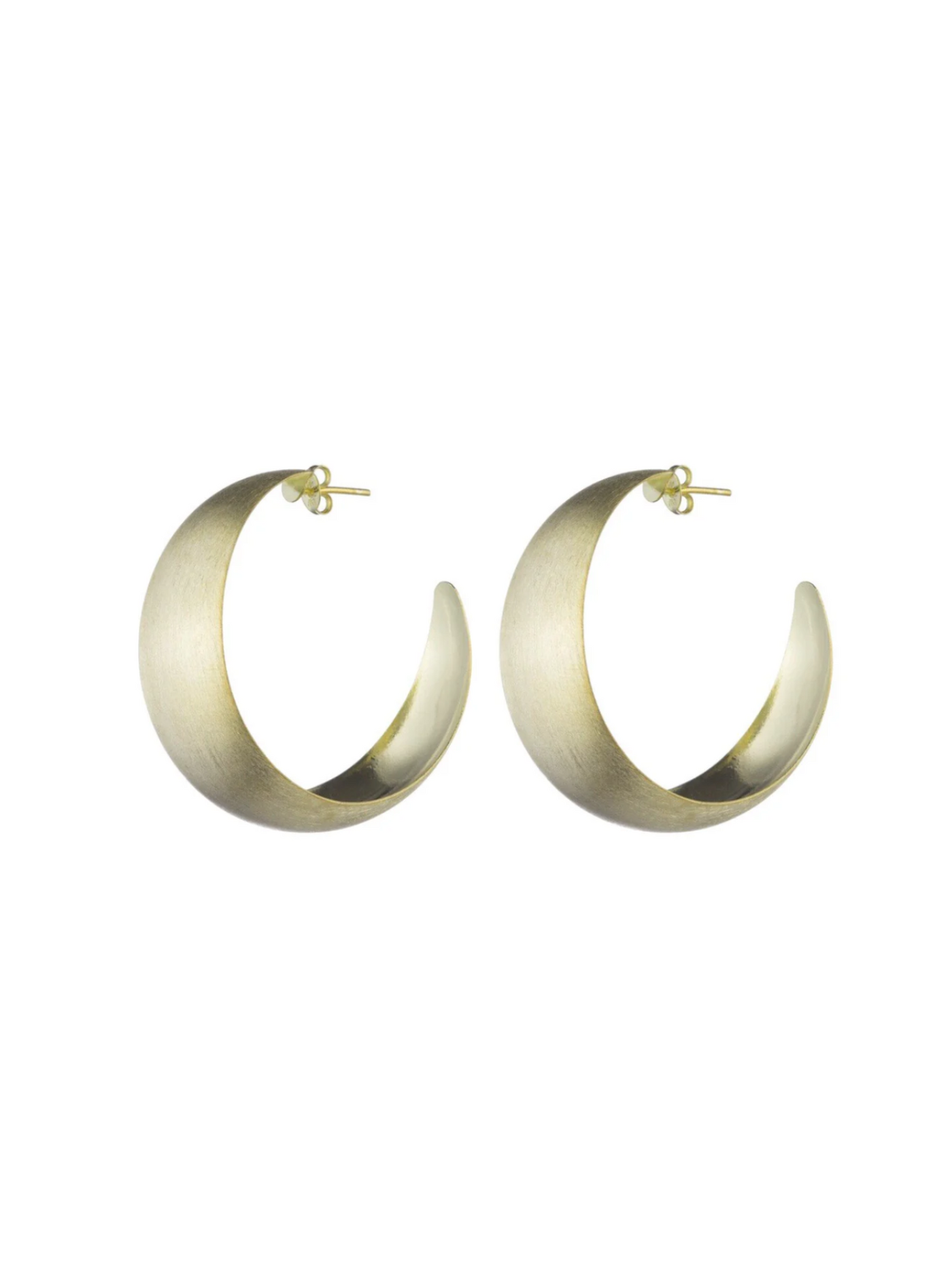 Shelia Fajl Brooke chunky crescent Hoops in brushed Gold on white background.