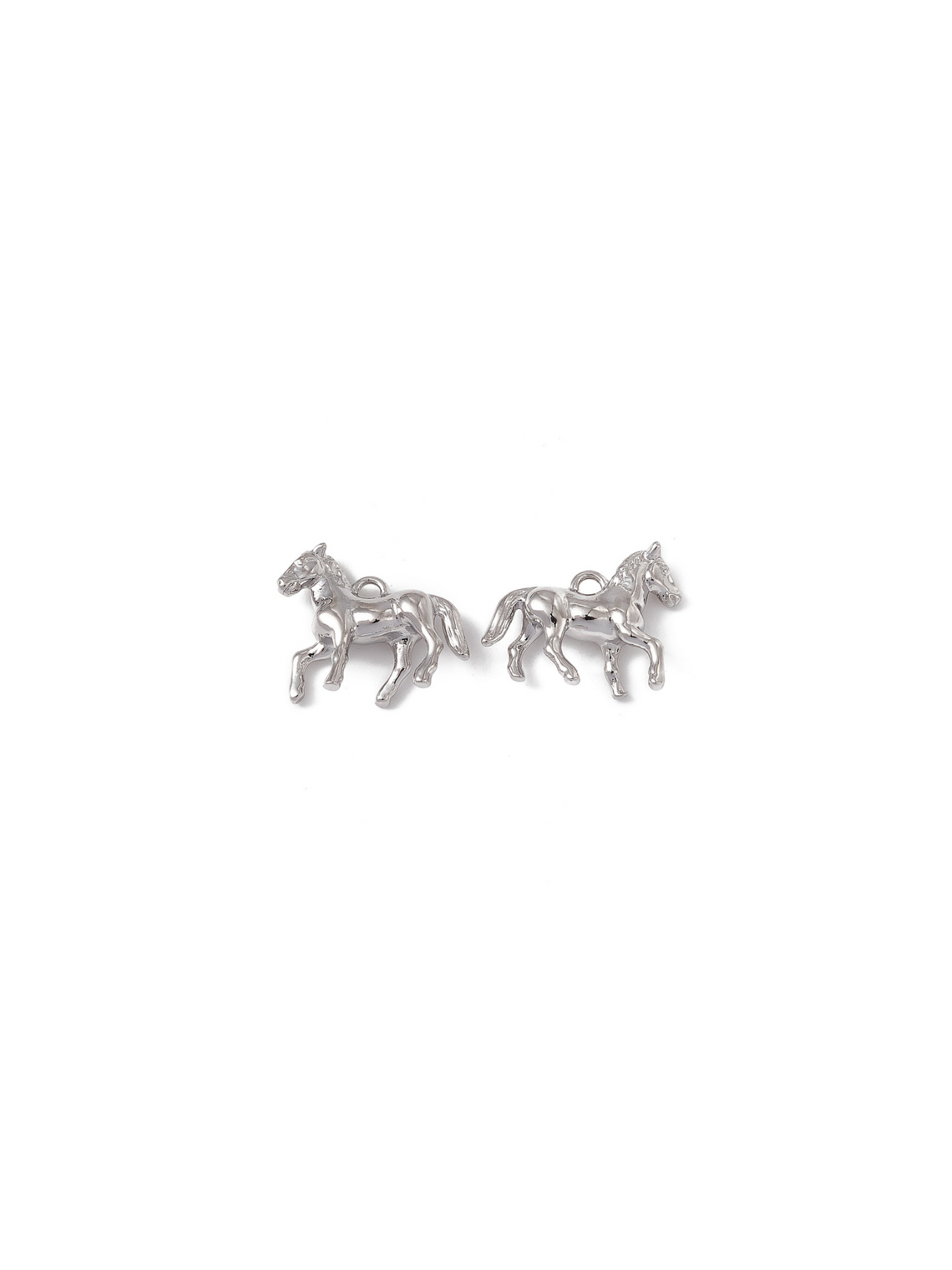 Side by side Silver Prancing Horse Charms, front and back view.