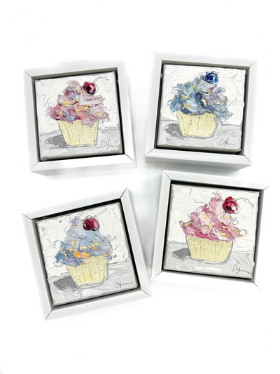 4 cupcake paintings in a collage.