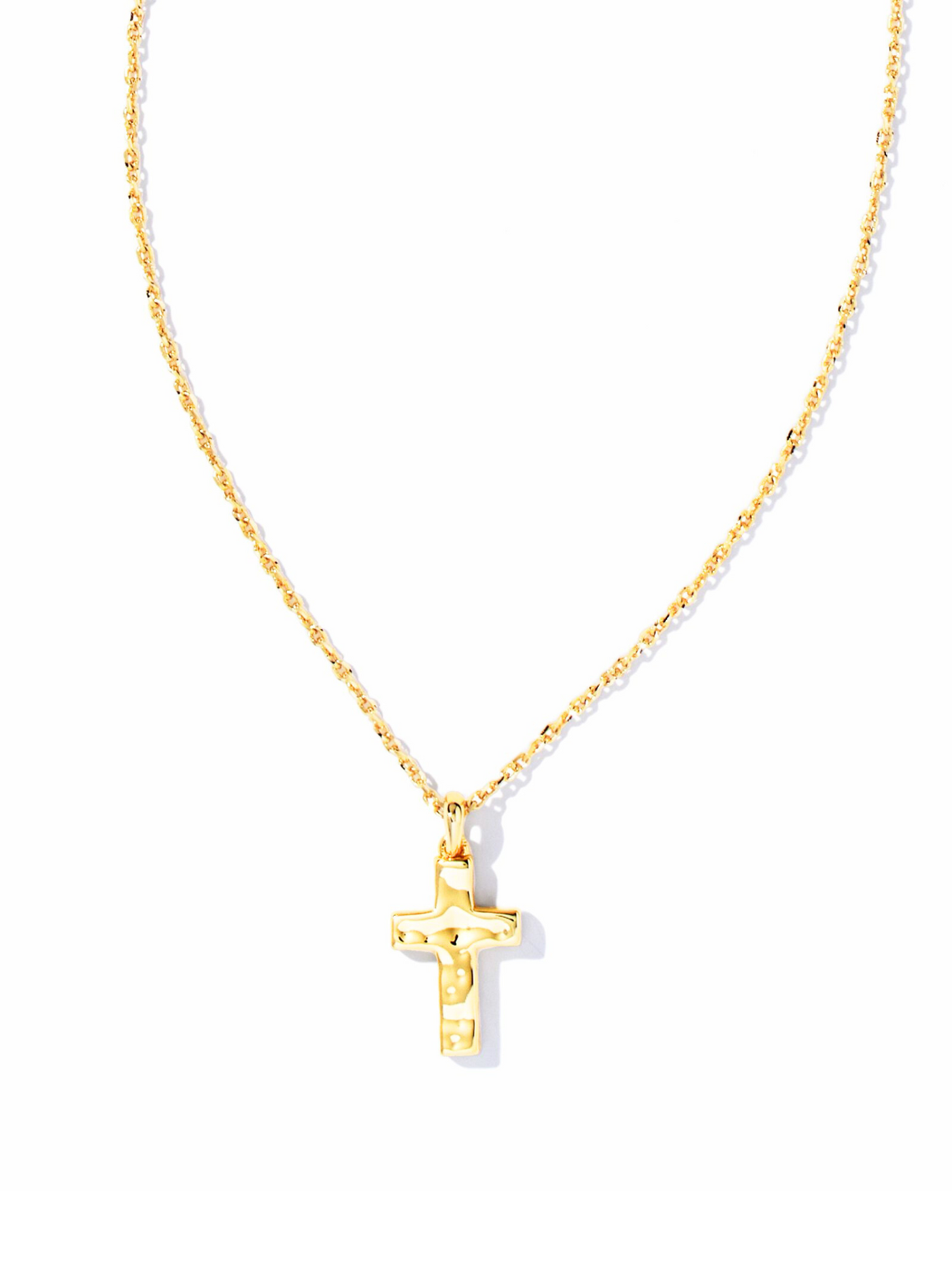 Cross Pendant Necklace Gold on white background, front view.