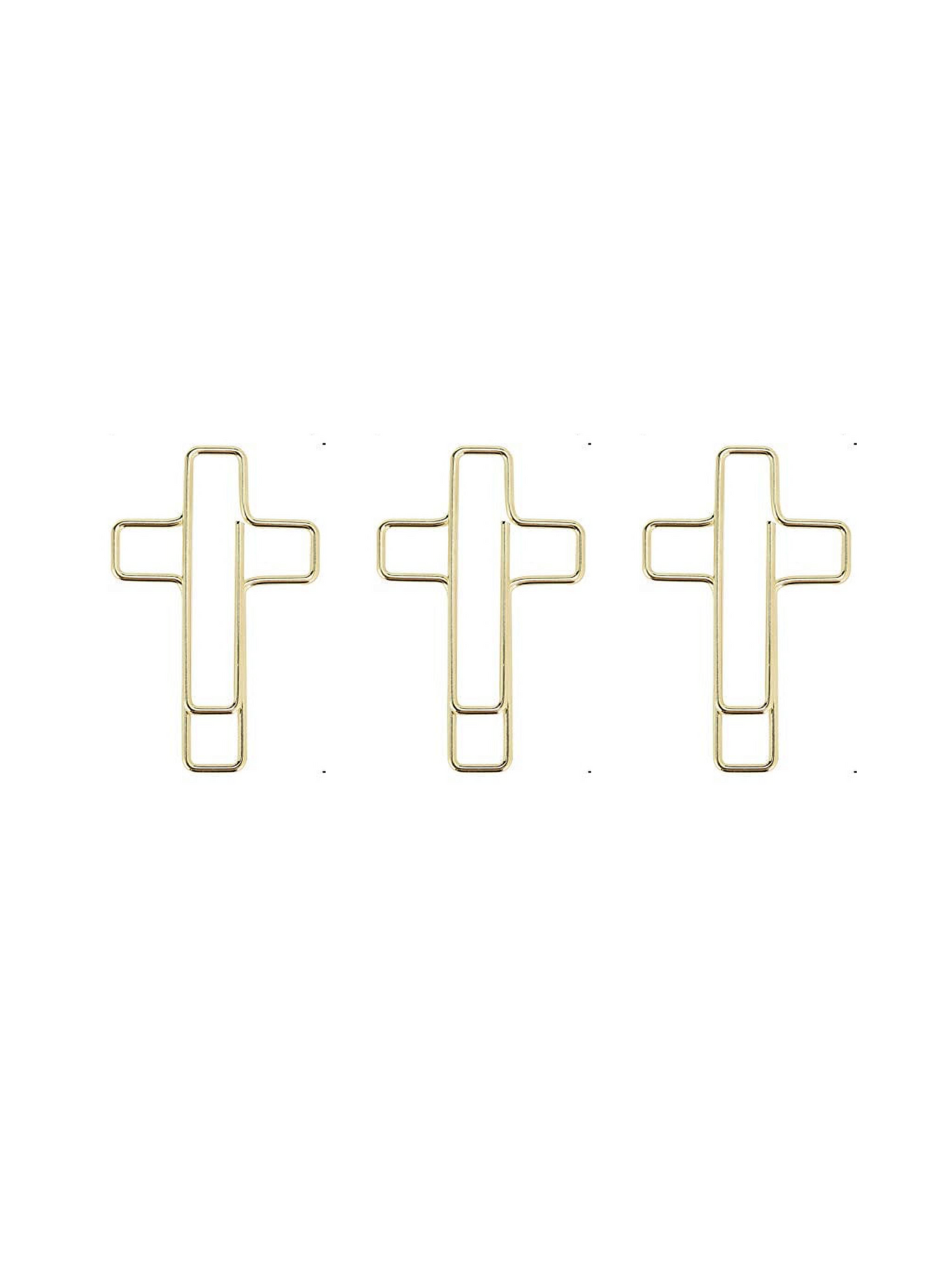 3 gold cross shaped paper clips.