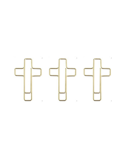 3 gold cross shaped paper clips.