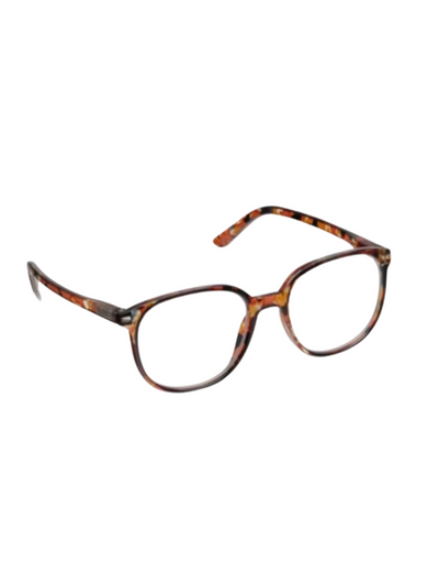 Round frame reading glasses in caramel quartz, side view.