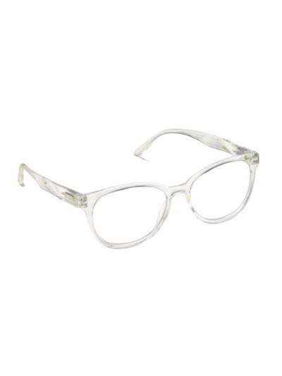 Clear round frame reading glasses, side view.