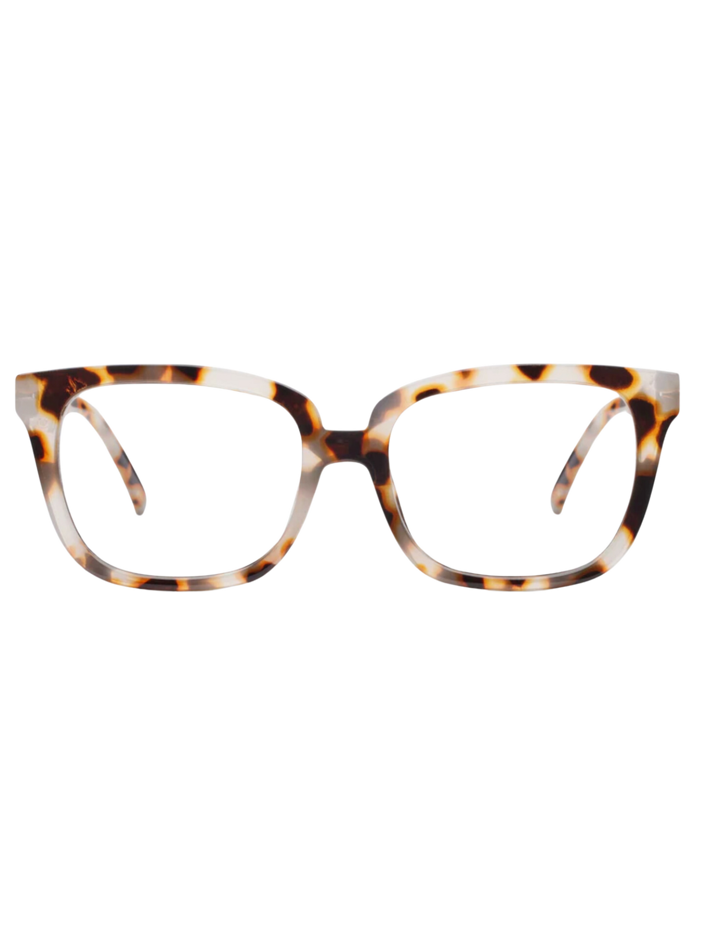 Chai tortoise square frame reading glasses, front view.