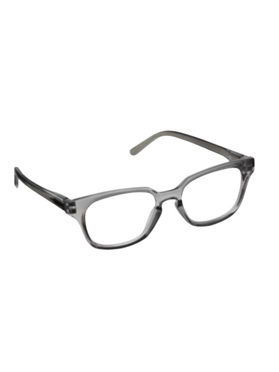 Gray rectangle frame reading glasses, side view.