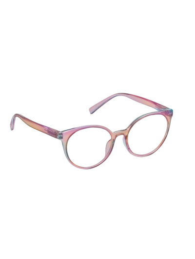 Blush Iridescent round frame reading glasses, side view.