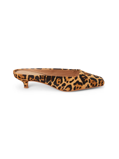 Cowhide leopard print kitten heel mule, right side.