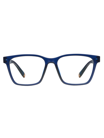 Navy blue square frame reading glasses, front view.