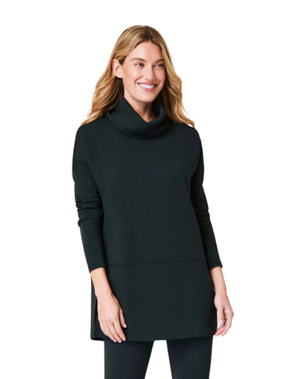 Spanx air essentials essex green turtleneck tunic on model, closeup, front view.